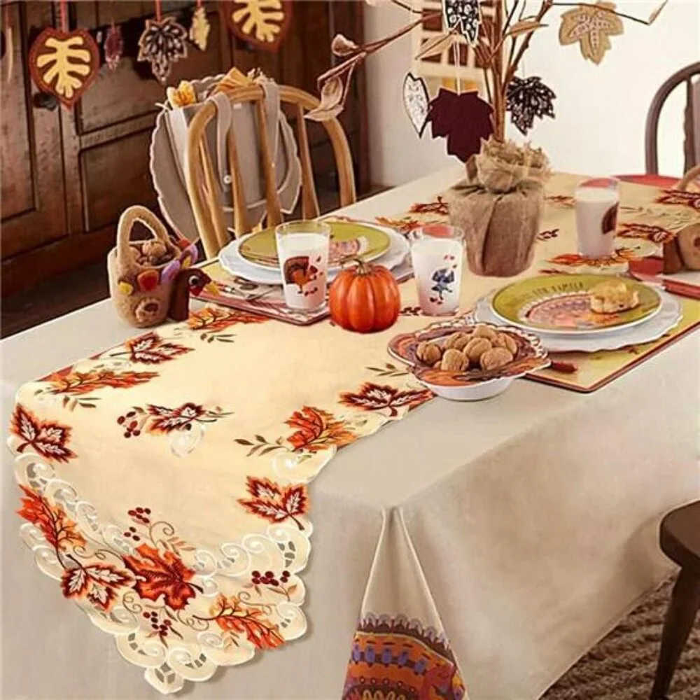 Embroidered fall table runner maple leaves harvest thanksgiving table linen deco